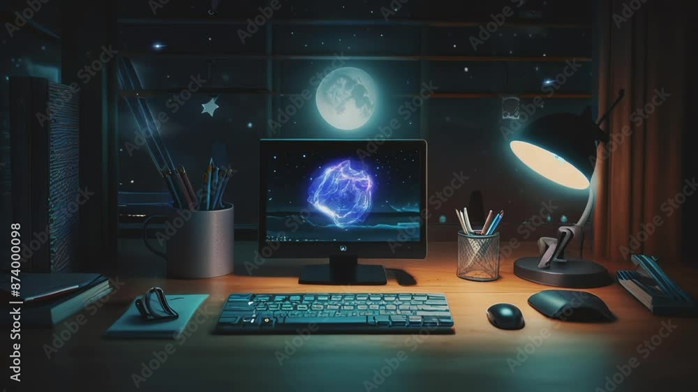 computer with full moon background, seamless 4K virtual video animation background computer with full moon background, seamless 4K virtual video animation background