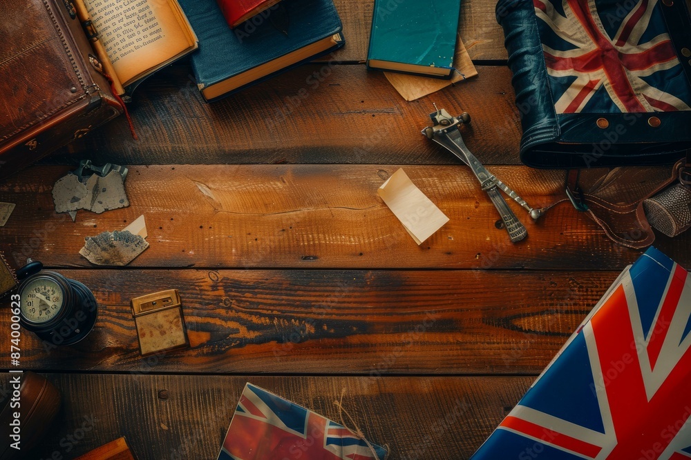 Obraz na płótnie Themed top view of an oldfashioned explorer's desk with british flag and antique items w salonie