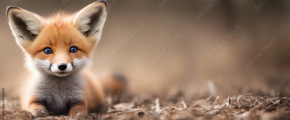 Obraz premium Close-up of an adorable baby fox with large ears, lying down on a blurred natural background. Perfect for wildlife and nature themes.