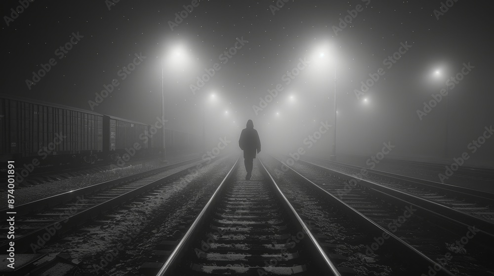 Fototapeta premium A Lone Figure Walking on Train Tracks in a Foggy Night - Generative AI