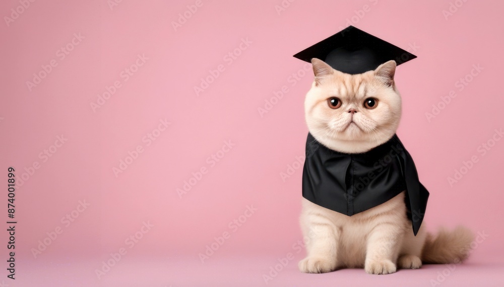 Cute cat wearing a graduation cap and gown sitting against a pink ...
