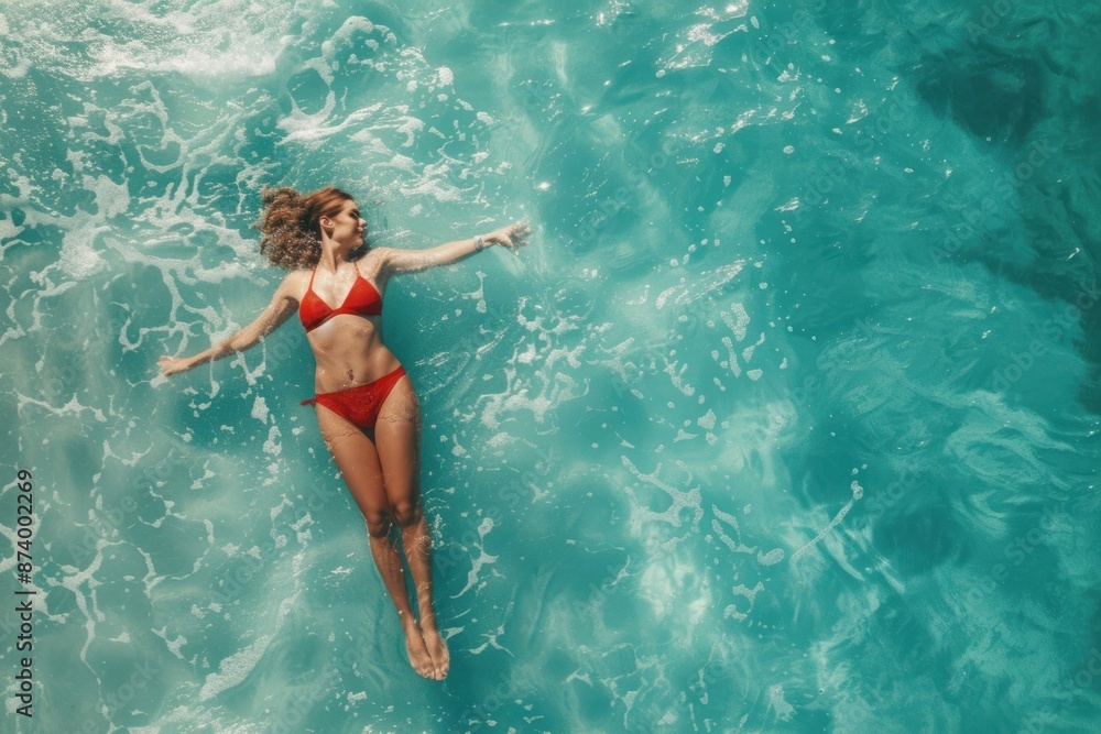 Woman lying on the back in the blue sea water summer swimming portrait. Woman lying on the back in the blue sea water summer swimming portrait.