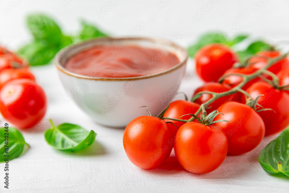 Fresh cherry tomatoes and fresh green basil on a textured background. Tomato sauce. Vegan. Ingredients for salad. Organic food. Place for text. Copy space. Fresh cherry tomatoes and fresh green basil on a textured background. Tomato sauce. Vegan. Ingredients for salad. Organic food. Place for text. Copy space.