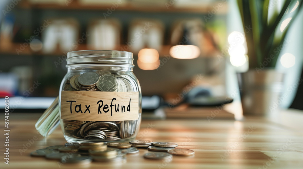 Tax return refund concept with jar with coins on table with blur background and copy space for text Tax return refund concept with jar with coins on table with blur background and copy space for text