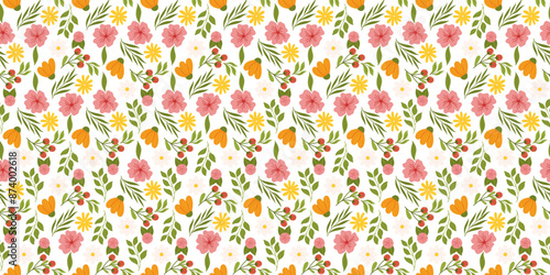 Seamless arrangement featuring floral elements. Botanical-inspired repetitive fabric or wallpaper design with yellow and orange flowers, red berries, leaves, and cherry blossom.