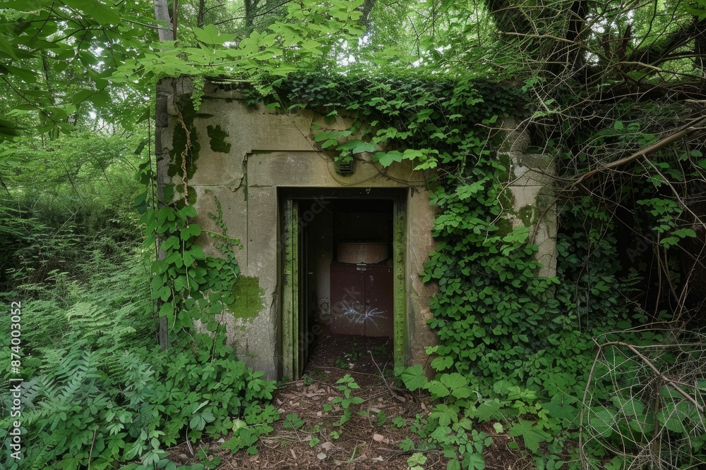 Entrance to an old, forgotten structure shrouded by lush greenery and wild foliage Entrance to an old, forgotten structure shrouded by lush greenery and wild foliage