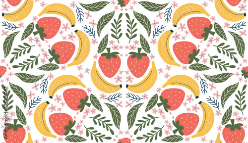 Cheerful seamless pattern featuring illustrations of bananas, red strawberries, pink flowers, and green leaves, arranged in a diamond-shaped design. Modern, organic vector style with flat colors.