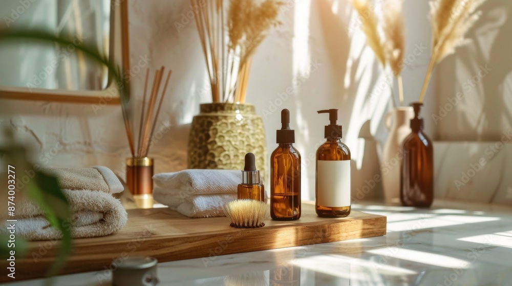 Natural skincare products in a sunlit bathroom Natural skincare products in a sunlit bathroom