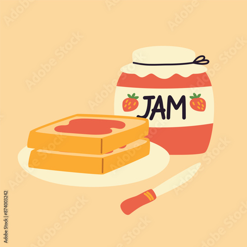 Illustration of breakfast food. Jam and sandwiches. Bread snack.