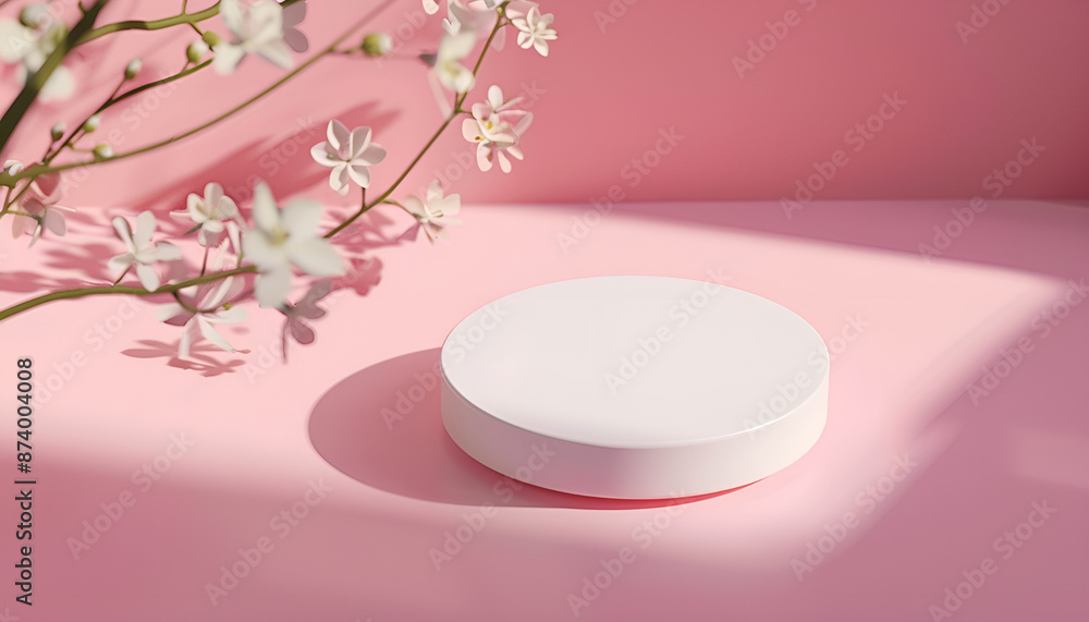 White round podium pedestal cosmetic beauty product presentation empty mockup on trendy pink coral pastel background with light shadows and spring flowers White round podium pedestal cosmetic beauty product presentation empty mockup on trendy pink coral pastel background with light shadows and spring flowers