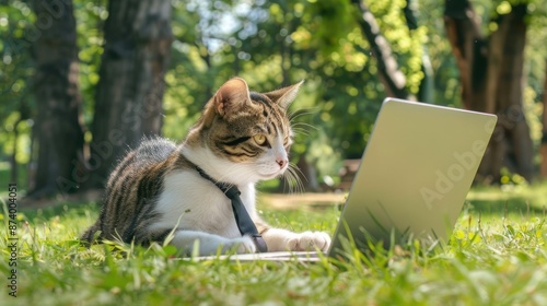 Fototapeta Naklejka Na Ścianę i Meble -  Feline Focus: Tabby Cat Works on Laptop in Green Park