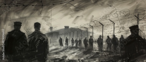 Graphite and style chalk drawing depicting a World War II prisoner of war (POW) camp. It shows silhouetted prisoners, capturing the historical essence of wartime scenes. 