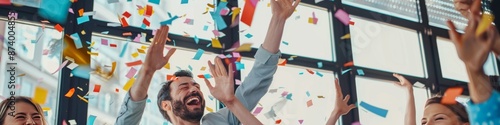 Celebrating Success in Office: Happy Businessman with Team and Colorful Confetti，The joy of success, the victory of the team, the carnival