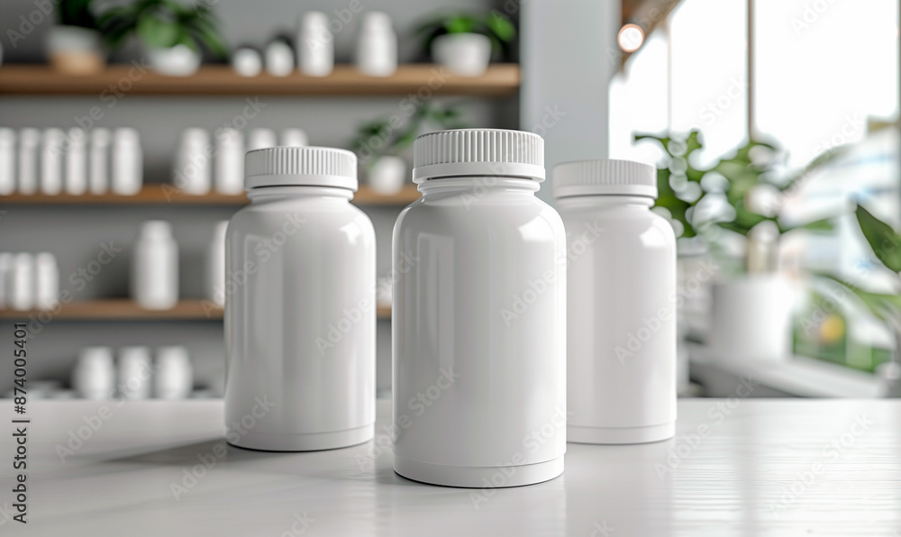 Empty white bottles of pills, supplements or vitamins for advertising or branding mockup Empty white bottles of pills, supplements or vitamins for advertising or branding mockup
