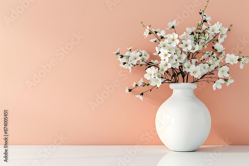 Wallpaper Mural Elegant white vase with flowers, peach wall background, minimalist modern living room design, stylish and simple. Torontodigital.ca