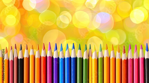 A Rainbow of Colored Pencils Against a Golden Bokeh Background