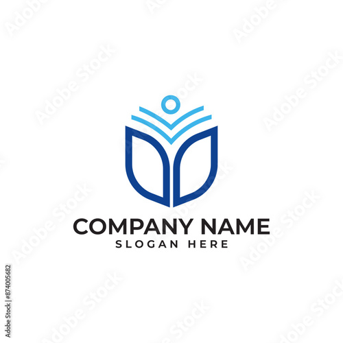 Book logo in modern sophisticated and minimalist with the book in blue and abstract human in aqua