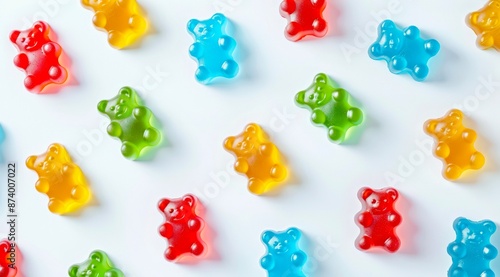 Pattern with gummy bears on white background, top view, minimal flat lay style.