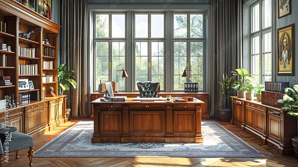 A 3D isometric illustration of a formal principal's office, featuring a large wooden desk, a comfortable chair, bookshelves filled with books, and school awards on display. A 3D isometric illustration of a formal principal's office, featuring a large wooden desk, a comfortable chair, bookshelves filled with books, and school awards on display.