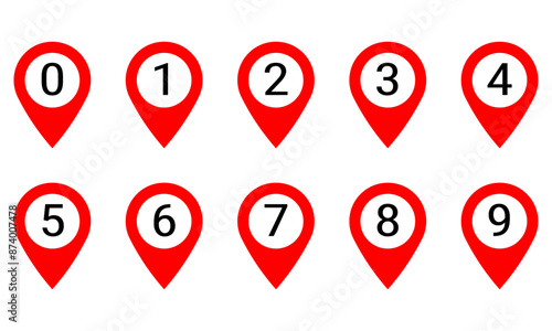 Location pin icons with numbers. Set of red location markers with numbers from 0 to 9