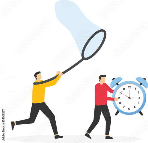 Big hand catching an escaping businessman holding an alarm clock Time

