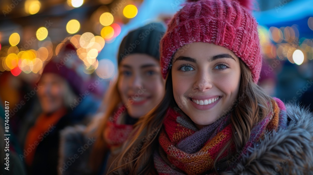 Joyful Winter Market: Smiling Friends Enjoying Holiday Festivities - Generative AI Joyful Winter Market: Smiling Friends Enjoying Holiday Festivities - Generative AI