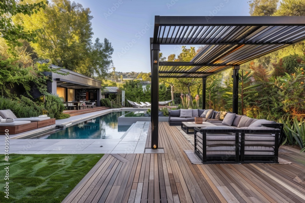 A lavish outdoor garden scene in the morning A lavish outdoor garden scene in the morning