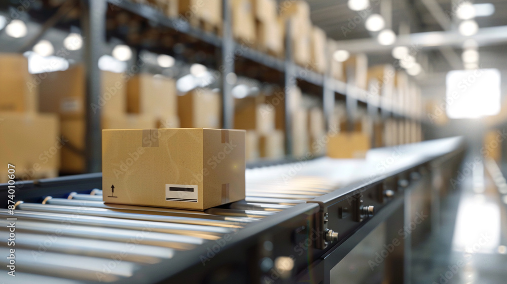 Conveyor belt in warehouse. Boxes with parcels move along conveyor belt. Conveyor belt in warehouse. Boxes with parcels move along conveyor belt.
