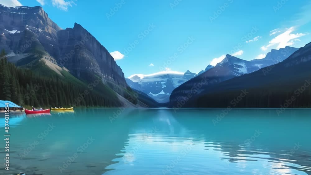 Lake Louise in Canada is a stunning natural wonder. Tranquil turquoise waters are framed by majestic snow-capped mountains under bright blue skies. Lake Louise in Canada is a stunning natural wonder. Tranquil turquoise waters are framed by majestic snow-capped mountains under bright blue skies.