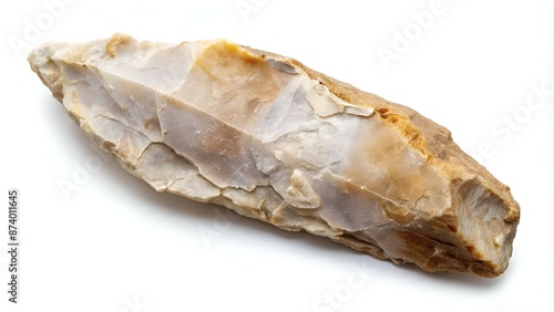 An ancient flint tool covered with a whitish patina lying on the ground, a stone age artifact at the discovery site isolated on white background, flat design, png 