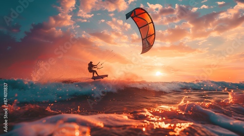 Kitesurfer Riding Ocean Waves Under Vibrant Sunset Sky Creating High Energy Water Sport Scene For Adventure And Outdoor Use