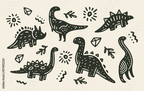 dinosaurs hand drawn doodle sketch set, vector collection with abstract elements