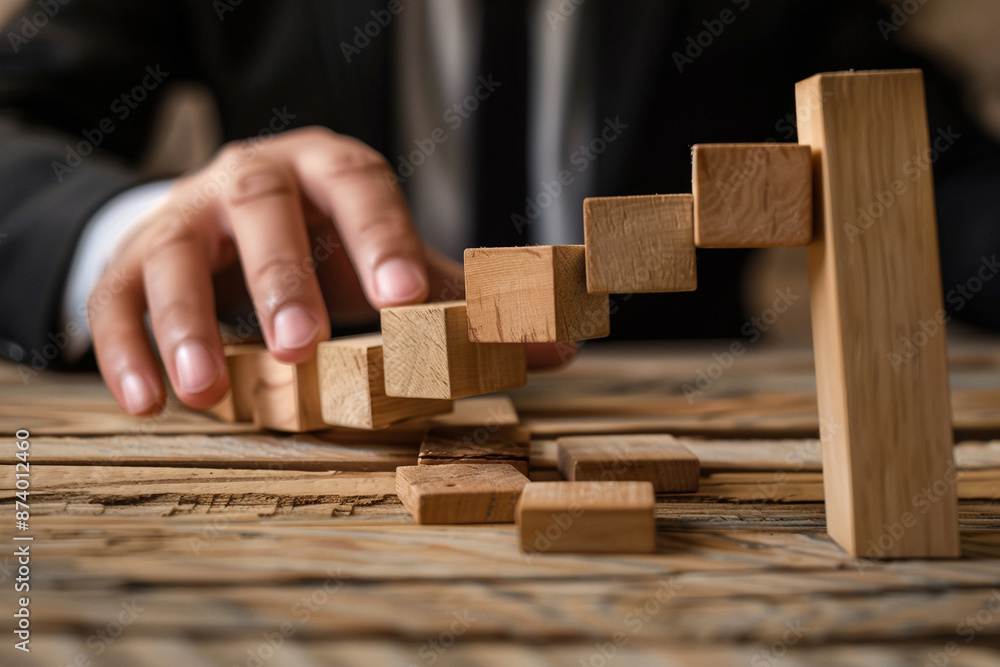 Businessman in black suit tries to make stairs from wooden blocks Businessman in black suit tries to make stairs from wooden blocks