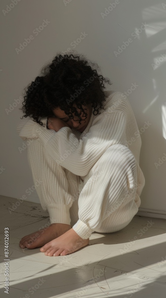 A person is sitting on the floor with their head resting on their knees A person is sitting on the floor with their head resting on their knees