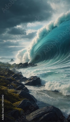A tsunami destroying houses.