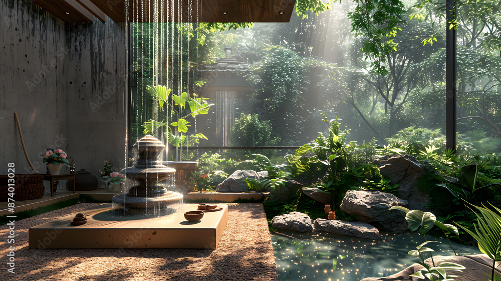 A serene moment where a person is meditating in a quiet corner of the garden. Include elements like a water fountain, soft greenery, and a tranquil ambiance. A serene moment where a person is meditating in a quiet corner of the garden. Include elements like a water fountain, soft greenery, and a tranquil ambiance.
