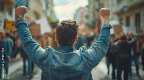 men clench their fists in front of the demonstrating crowd, Ai generated Images