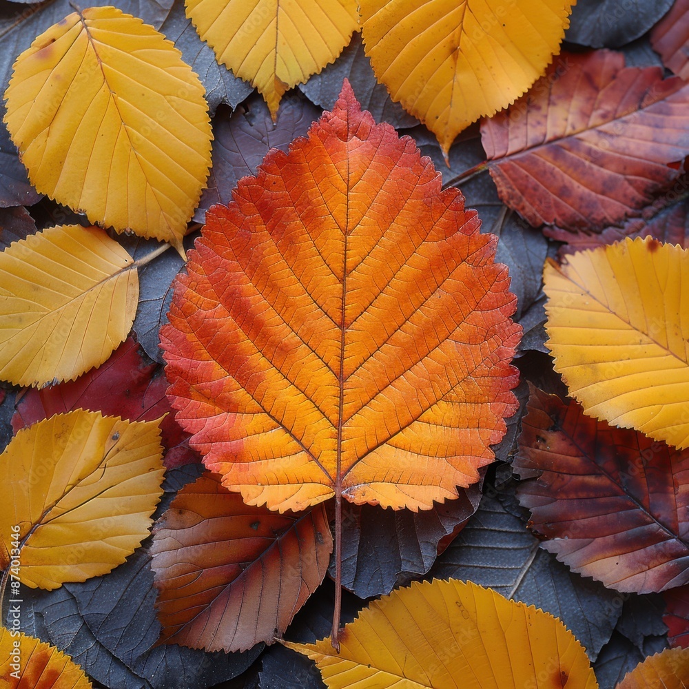 Vibrant Contrast: Captivating Image of a Singular Orange Leaf Surrounded by Golden Foliage Vibrant Contrast: Captivating Image of a Singular Orange Leaf Surrounded by Golden Foliage