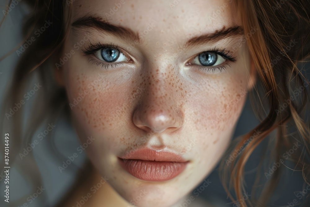 Highresolution image capturing the detailed features of a beautiful woman with freckles and blue eyes Highresolution image capturing the detailed features of a beautiful woman with freckles and blue eyes