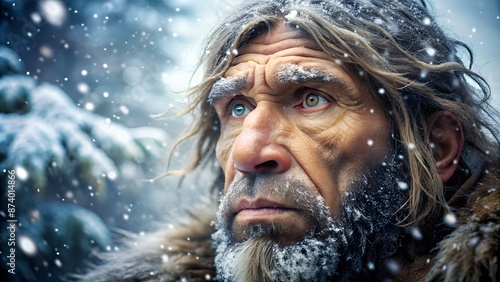 Closeup of a neanderthal face with snowflakes, expressing contemplation in a winter setting