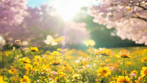 Sunlit blossoming garden with vibrant flowers