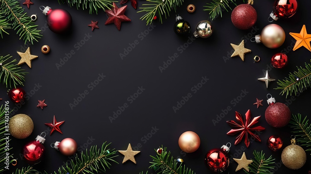 Christmas frame with tree branches, stars, balls on black background Xmas banner mockup with copy space Flat lay , rule of thirds composition shot, add copyspace for text Christmas frame with tree branches, stars, balls on black background Xmas banner mockup with copy space Flat lay , rule of thirds composition shot, add copyspace for text