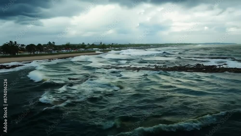 Dramatic coastal landscape with turbulent waves and overcast skies Dramatic coastal landscape with turbulent waves and overcast skies