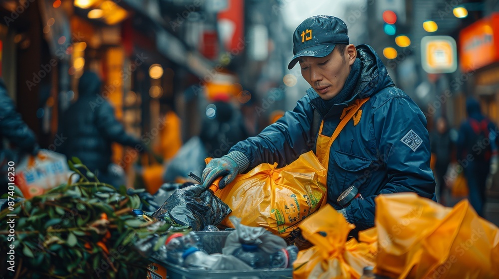 Men in Uniform Collecting Trash Bags from Containers Men in Uniform Collecting Trash Bags from Containers