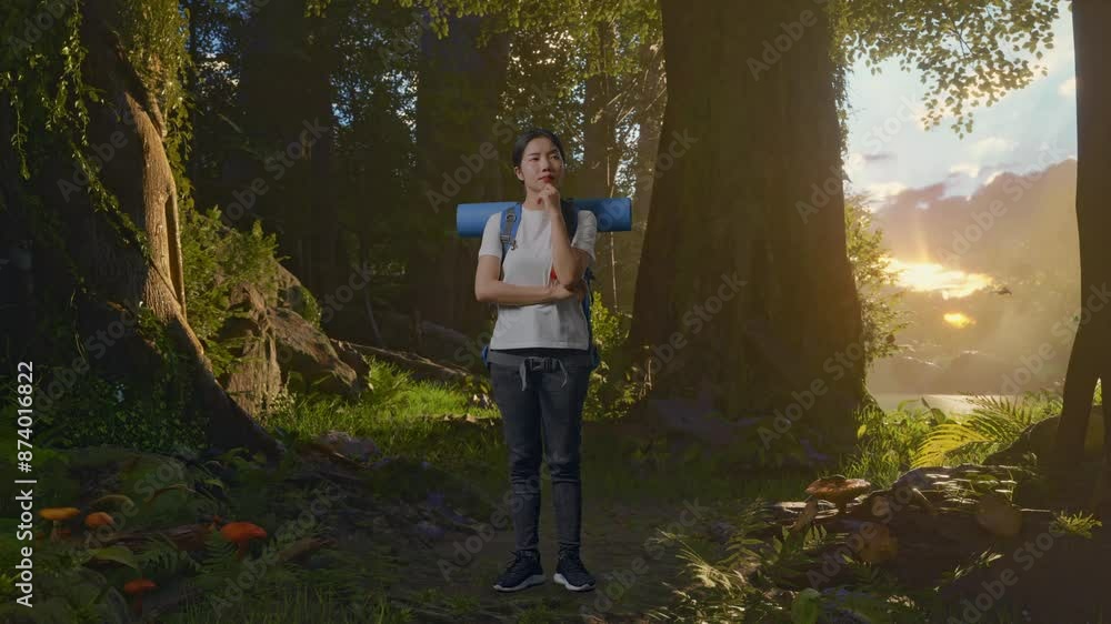 Full Body Of Asian Female Hiker With Mountaineering Backpack Thinking About Something And Looking Around While Exploring Forest Nature Full Body Of Asian Female Hiker With Mountaineering Backpack Thinking About Something And Looking Around While Exploring Forest Nature