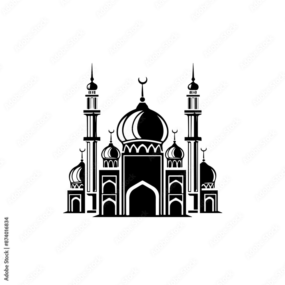 Fototapeta premium Minimalist mosque silhouette with ornate details and domes.