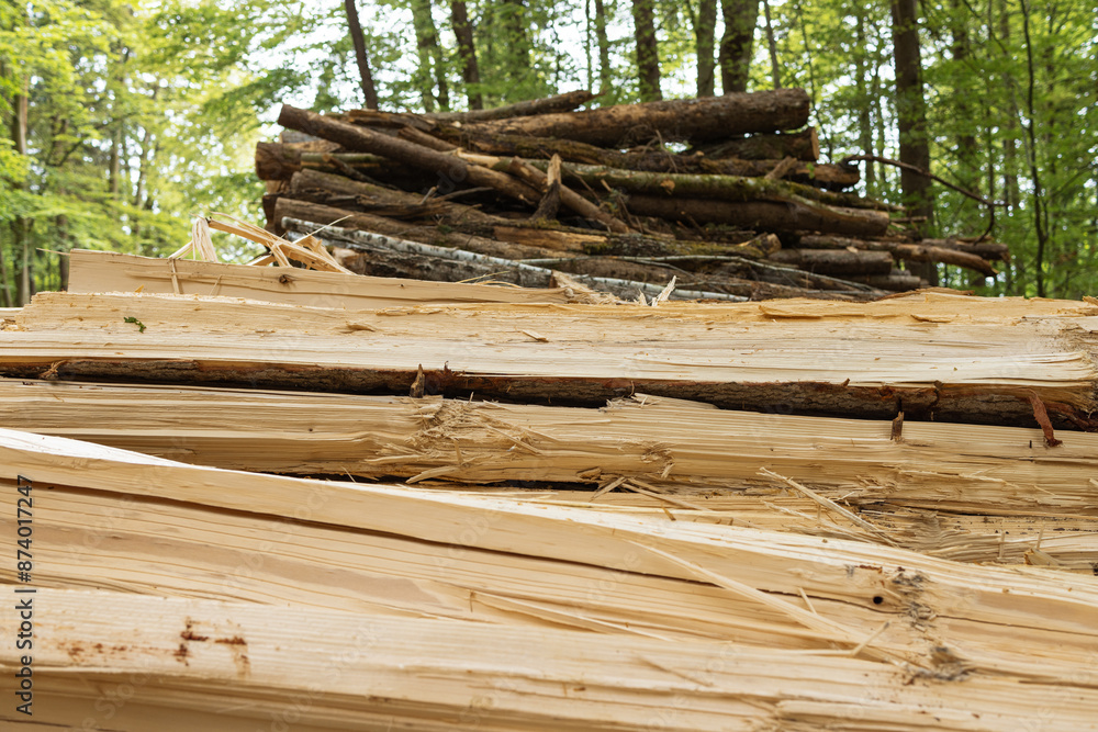 Stack of split and whole tree trunks in the forest. close-up Stack of split and whole tree trunks in the forest. close-up
