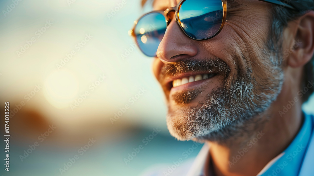 A happy confident man in sunglasses at sunset or sunrise concept A happy confident man in sunglasses at sunset or sunrise concept