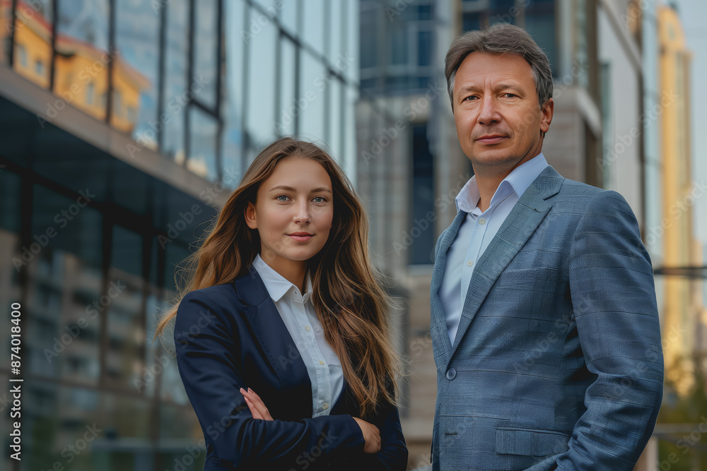 Colleagues businesswoman and man in the street near the business center, real estate background. Colleagues businesswoman and man in the street near the business center, real estate background.