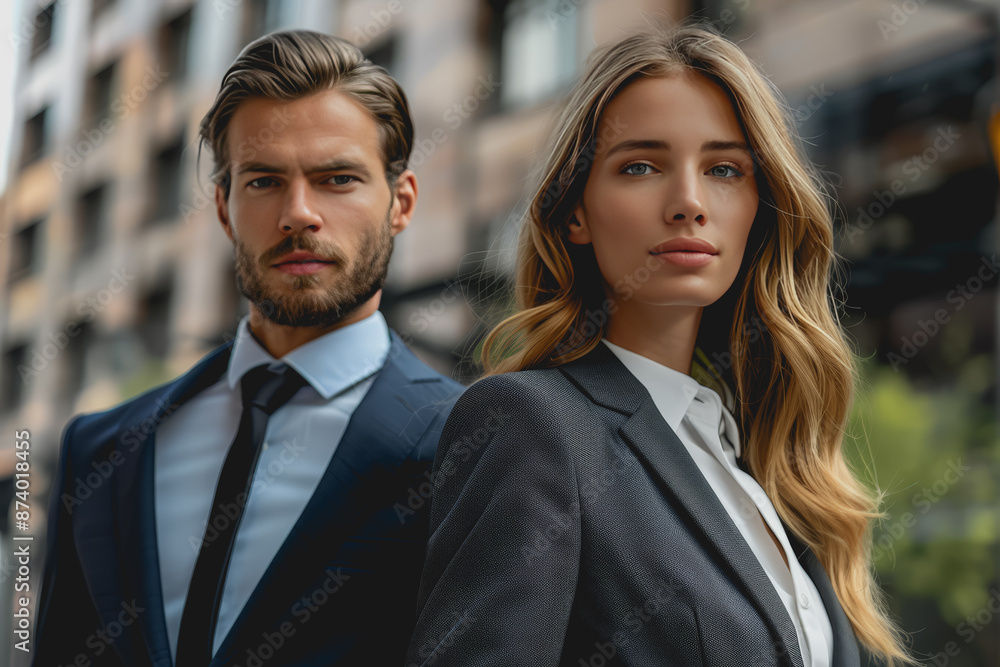 Colleagues businesswoman and man in the street near the business center, real estate background. Colleagues businesswoman and man in the street near the business center, real estate background.